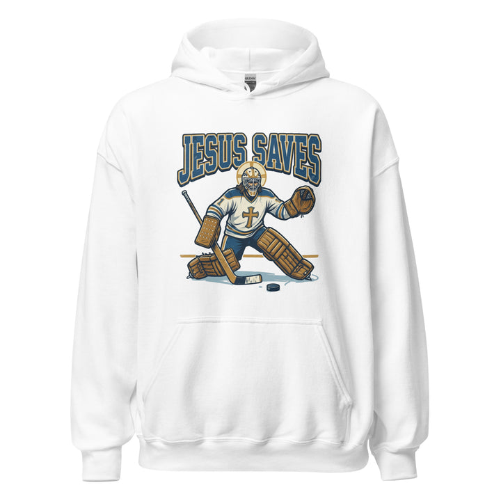 Jesus Saves — Jesus as a hockey goalie making a save, captioned Jesus Saves Est 33 AD, printed on a unisex hoodie.