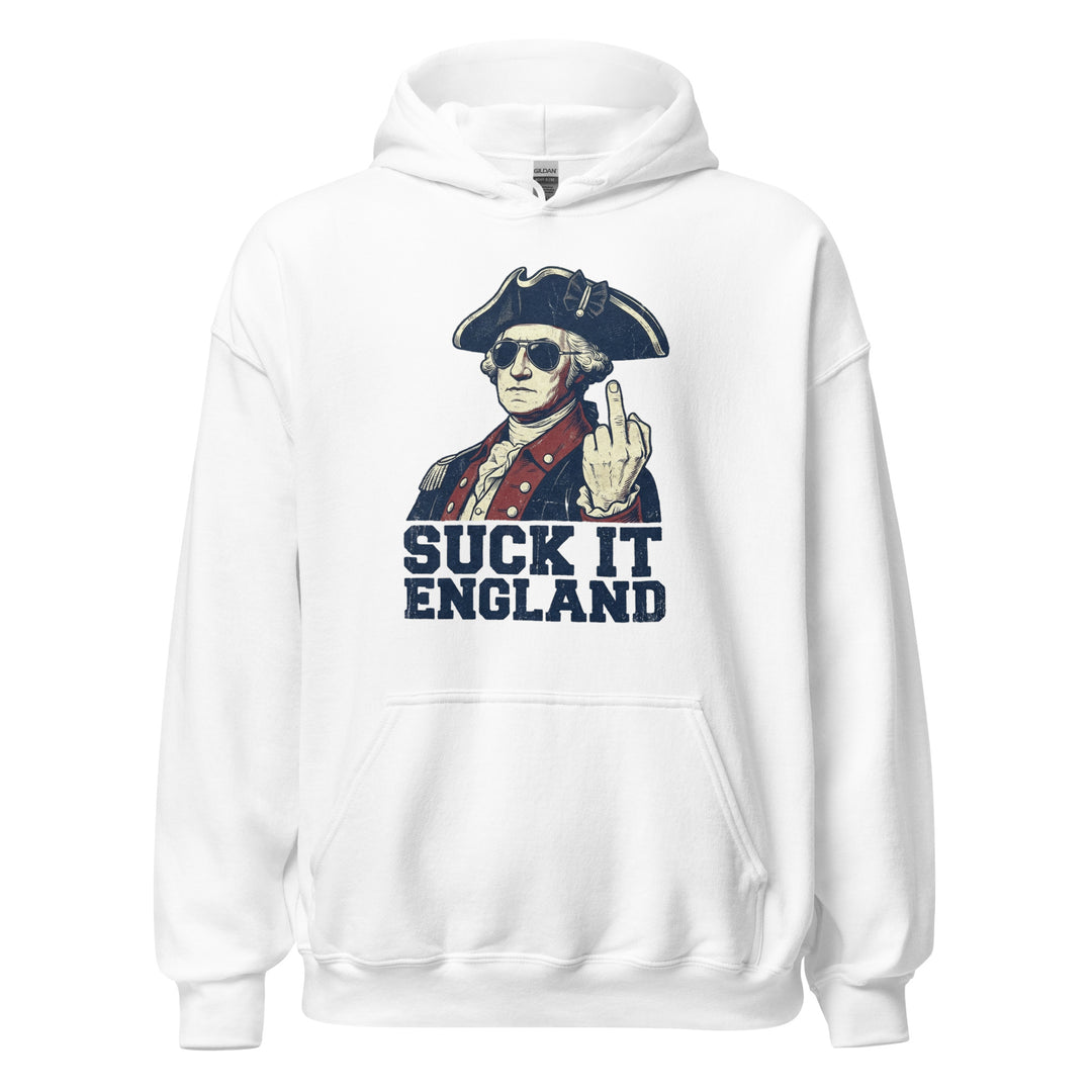 Suck It England — a Suck It England patriotic Independence Day design, printed on a unisex hoodie.