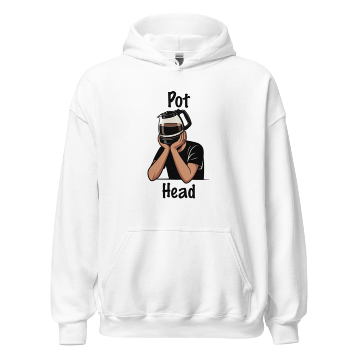 Pot Head — a person with a coffee pot for a head resting on their hands, captioned Pot Head, printed on a unisex hoodie.