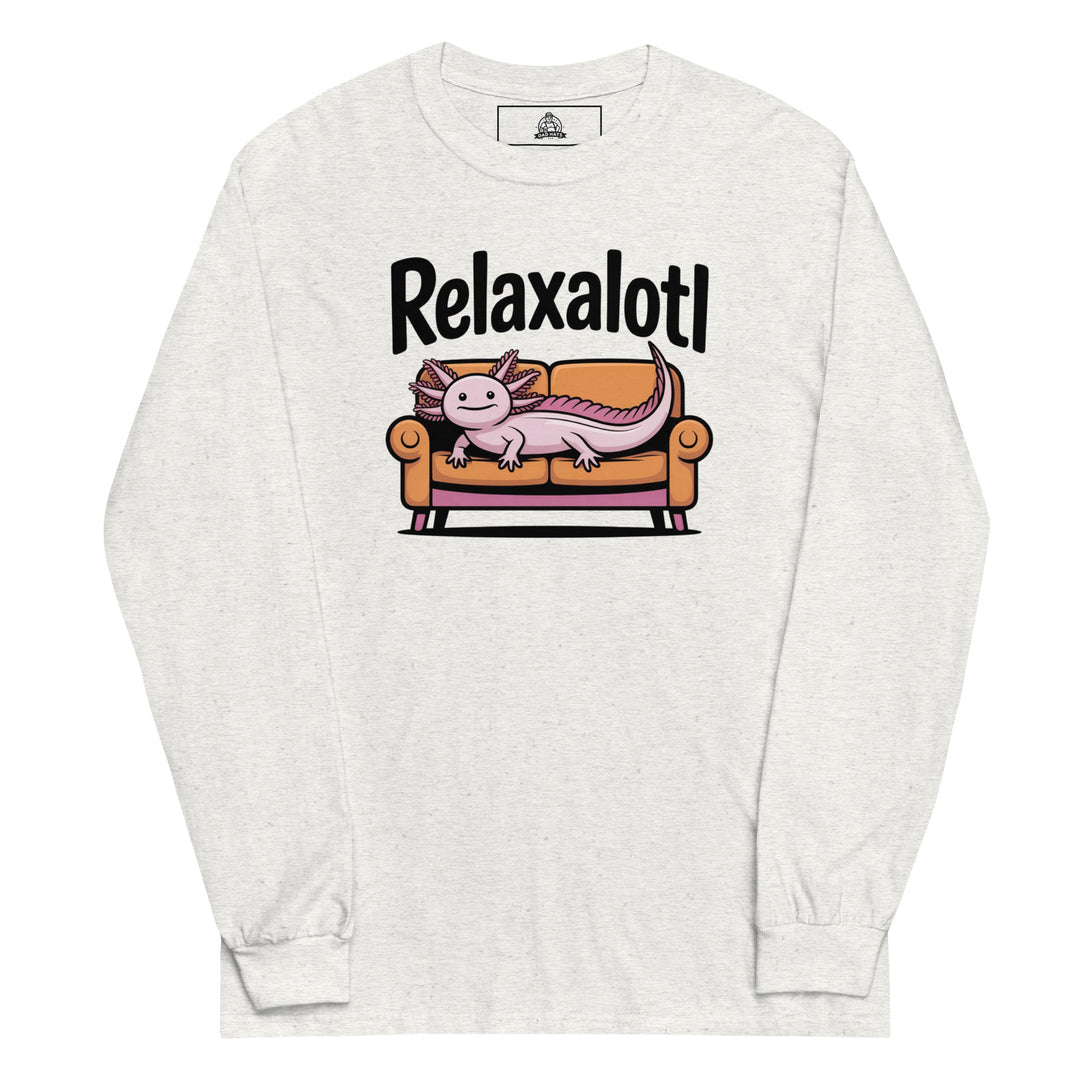 Relaxalotl — a pink axolotl lounging on a couch, captioned Relaxalotl, printed on a long sleeve shirt.