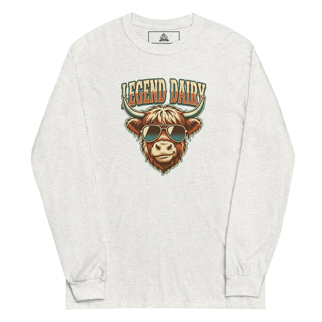 Legend Dairy — a Highland cow wearing sunglasses in a retro badge, captioned Legend Dairy, printed on a long sleeve shirt.