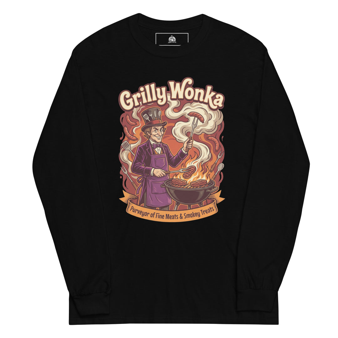 Grilly Wonka funny BBQ graphic tee — Willy Wonka-inspired character in purple top hat holding sausage over open flames, Purveyor of Fine Meats and Smokey Treats banner