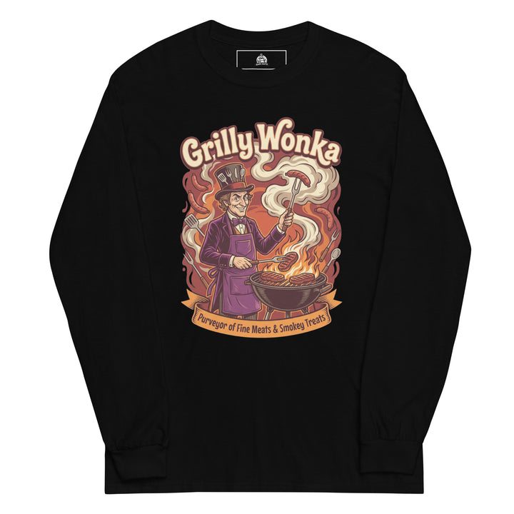 Grilly Wonka funny BBQ graphic tee — Willy Wonka-inspired character in purple top hat holding sausage over open flames, Purveyor of Fine Meats and Smokey Treats banner