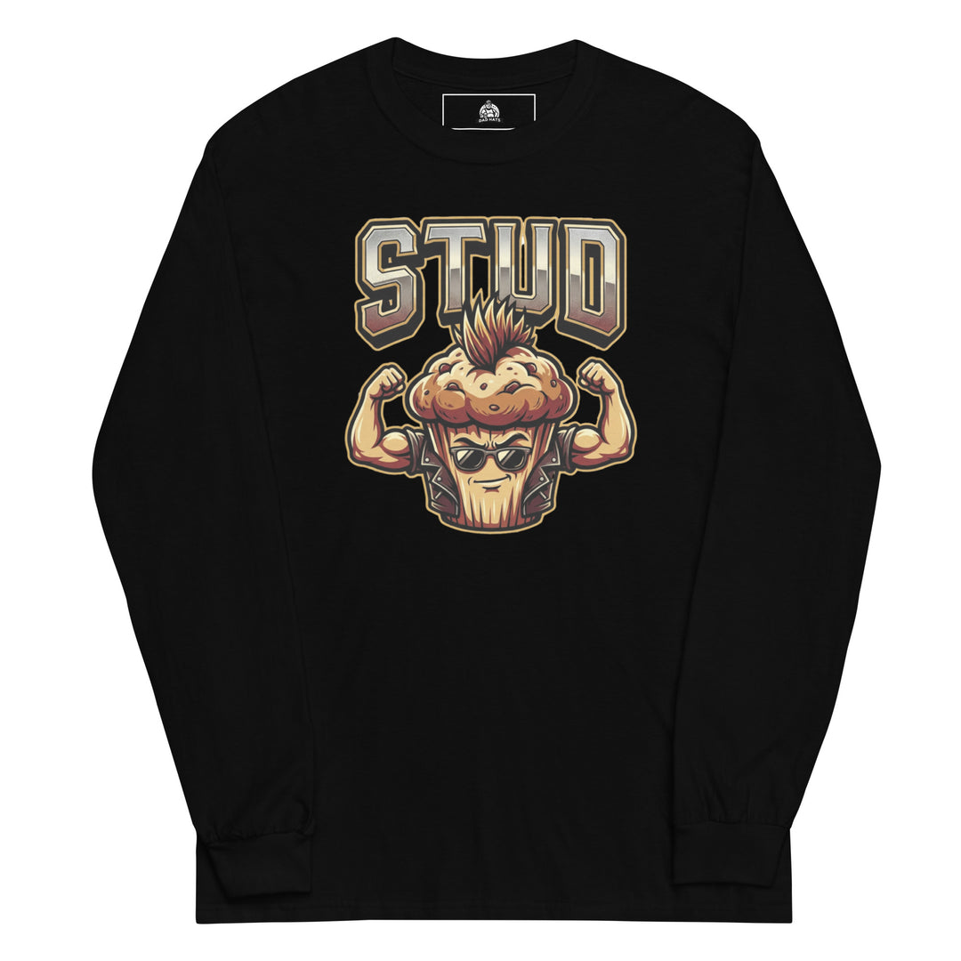 Stud Muffin funny graphic tee — muscular muffin character with mohawk, aviator sunglasses and flexing biceps under large STUD varsity text on white tee