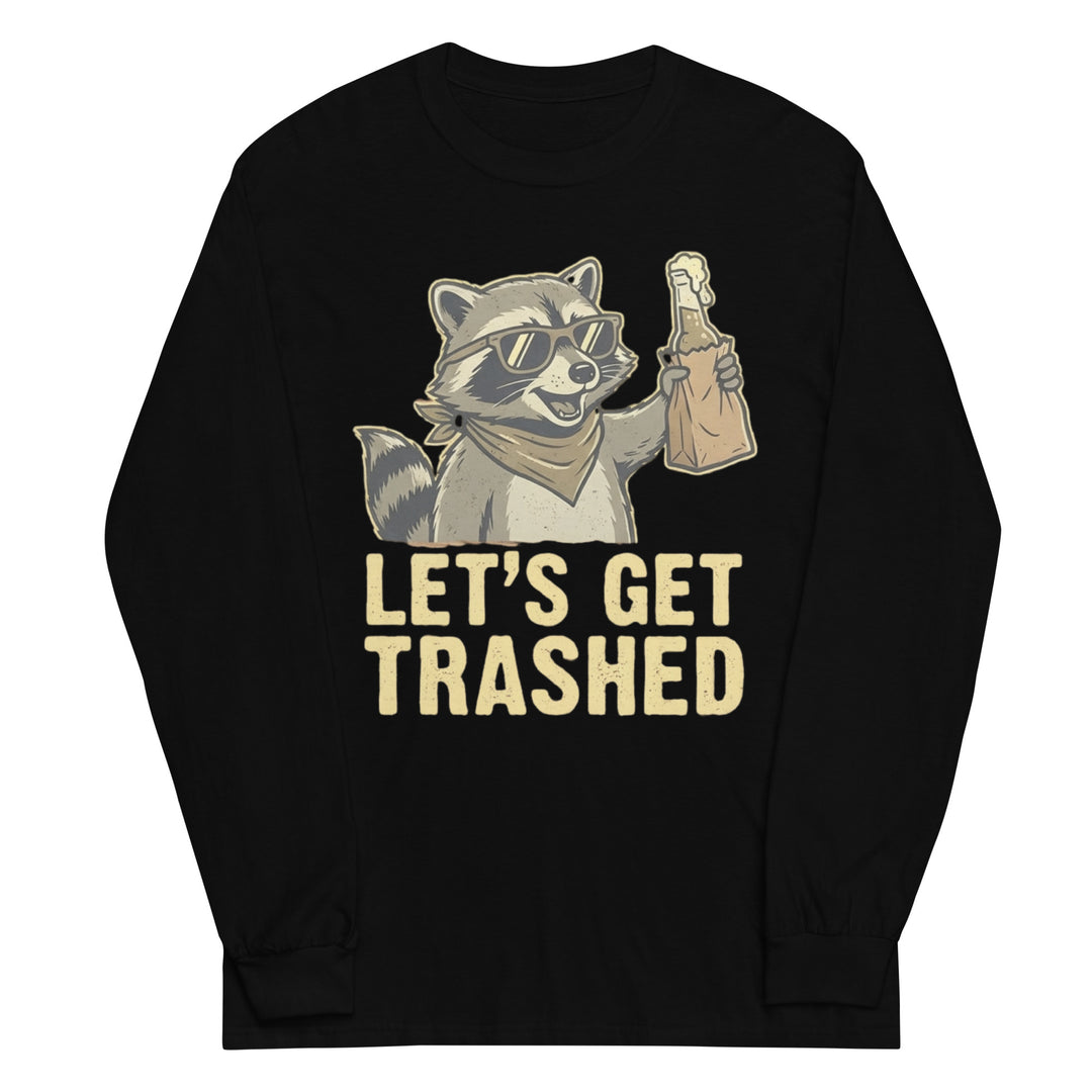 Let's Get Trashed funny drinking graphic tee — raccoon in sunglasses holding a beer bottle in paper bag, bold LET'S GET TRASHED text on black tee