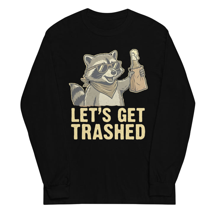 Let's Get Trashed funny drinking graphic tee — raccoon in sunglasses holding a beer bottle in paper bag, bold LET'S GET TRASHED text on black tee