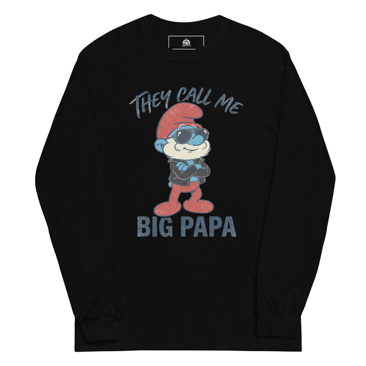 They Call Me Big Papa funny graphic tee — blue cartoon papa character in red hat, leather jacket and aviator sunglasses with BIG PAPA text