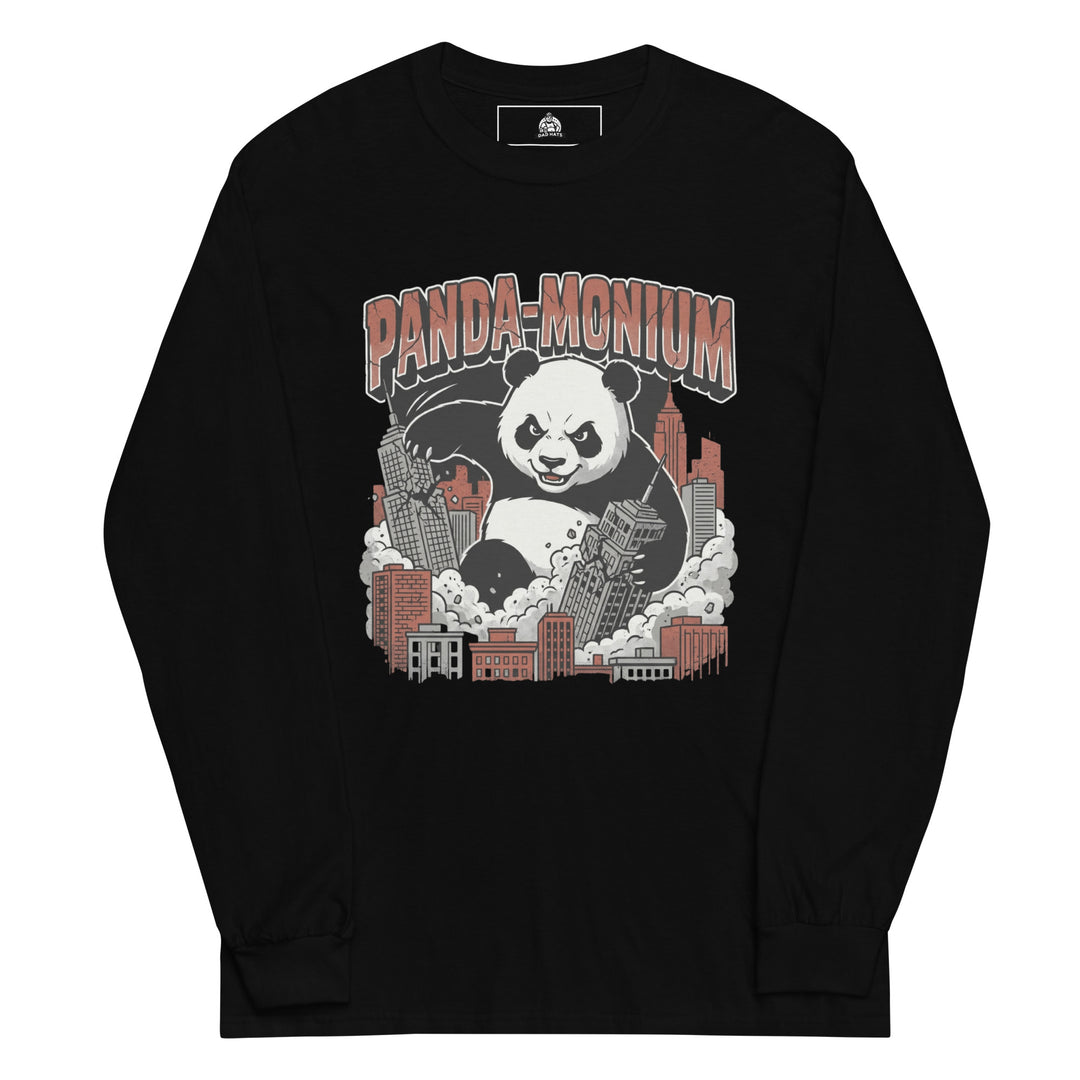 Panda-monium funny graphic tee — giant kaiju panda destroying city skyscrapers in vintage monster movie style