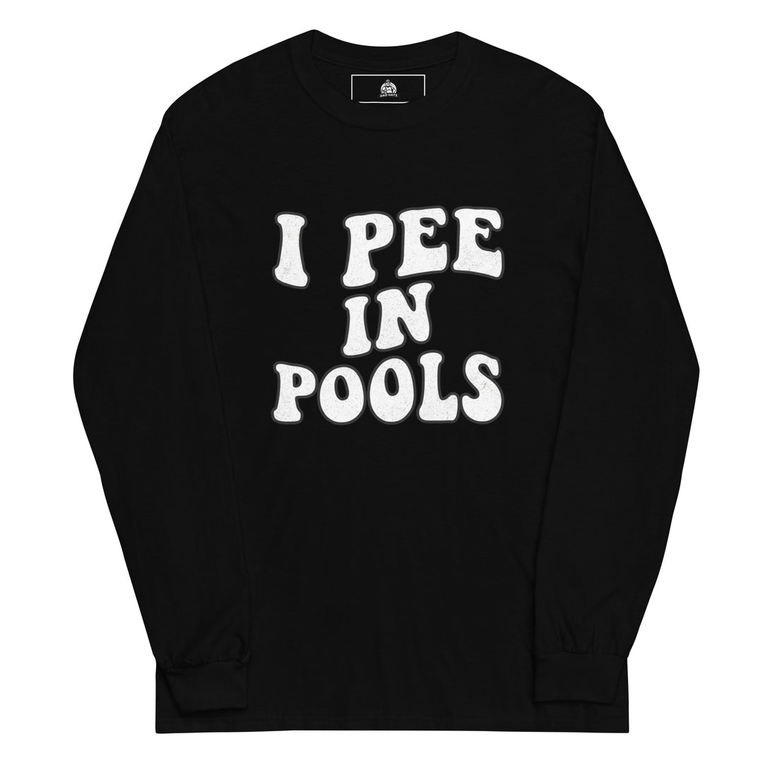 I Pee In Pools funny summer graphic tee — bold groovy white text reading I PEE IN POOLS on black shirt