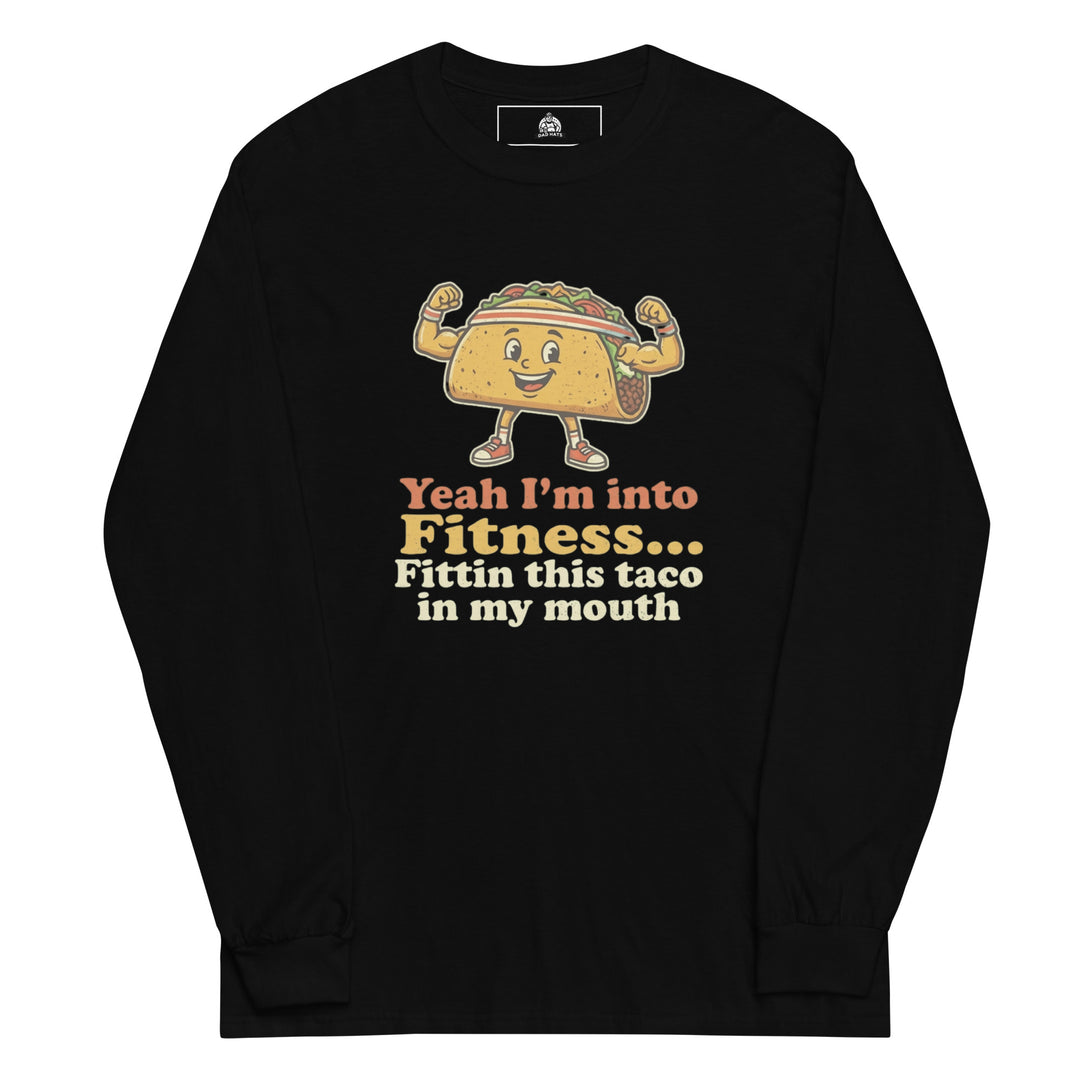 Yeah I'm Into Fitness Fittin This Taco In My Mouth funny graphic tee — flexing cartoon taco wearing a sweatband and sneakers