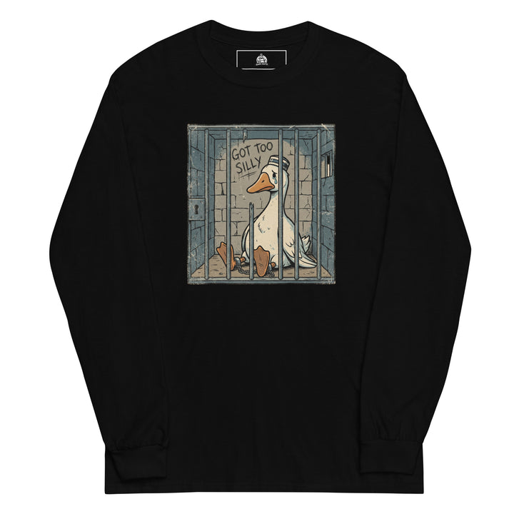 Got Too Silly funny meme graphic tee — sad cartoon goose in a jail cell wearing a prisoner cap with GOT TOO SILLY graffiti on the wall