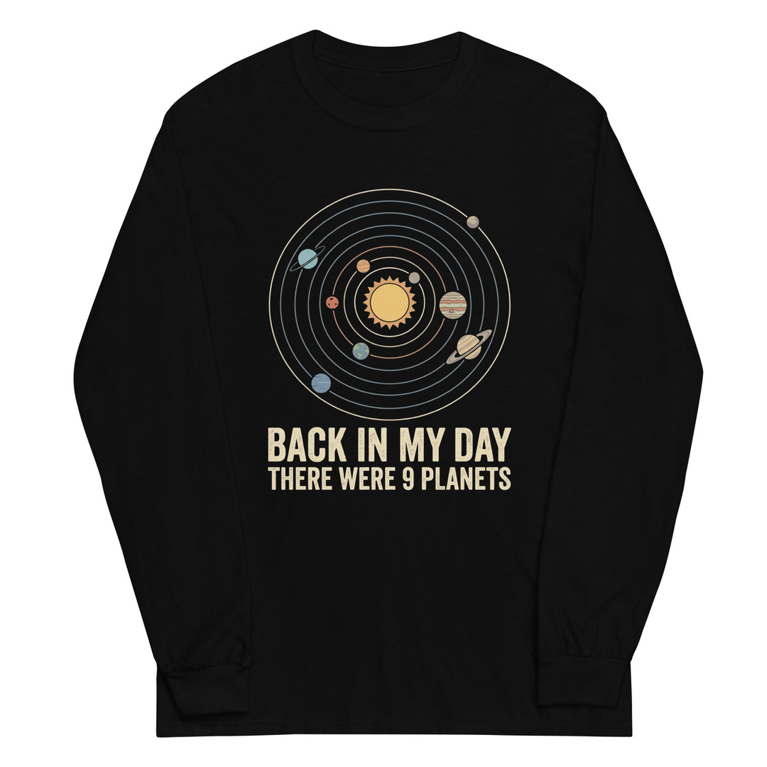 Back In My Day There Were 9 Planets funny graphic tee — vintage solar system diagram with sun, orbit rings, and all nine planets including Pluto
