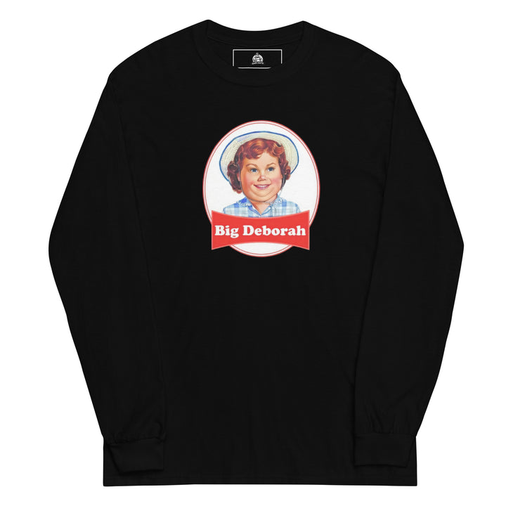 Big Deborah — a Little Debbie style snack-cake logo with a smiling girl in a straw hat, renamed Big Deborah, printed on a long sleeve shirt.