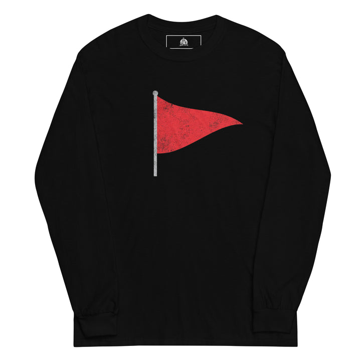 Red Flag — a single distressed red pennant flag on a pole, printed on a long sleeve shirt.