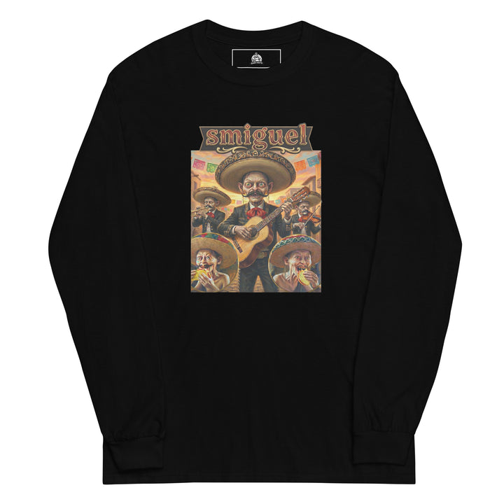 Smiguel — Gollum-like mariachi characters in sombreros eating tacos, captioned Smiguel, printed on a long sleeve shirt.