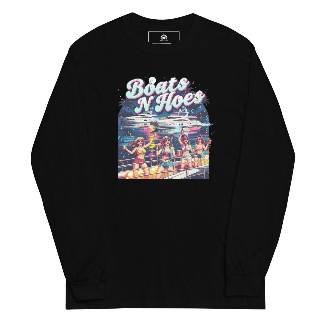 Boats N Hoes — a neon Miami-style yacht party with women in bikinis holding red cups, captioned Boats N Hoes, printed on a long sleeve shirt.