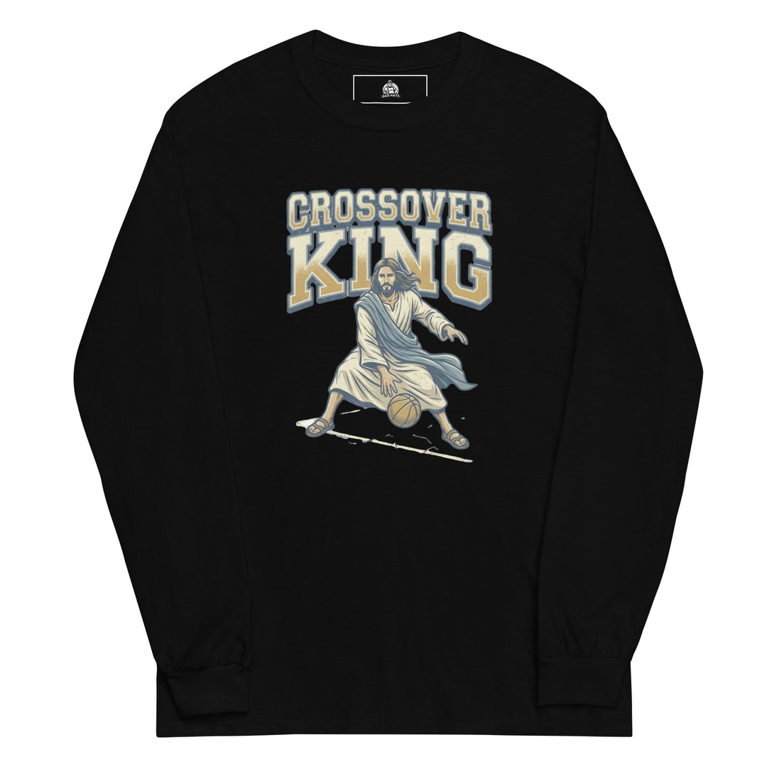 Jesus Crossover King — Jesus playing basketball as the Crossover King with a halo, printed on a long sleeve shirt.