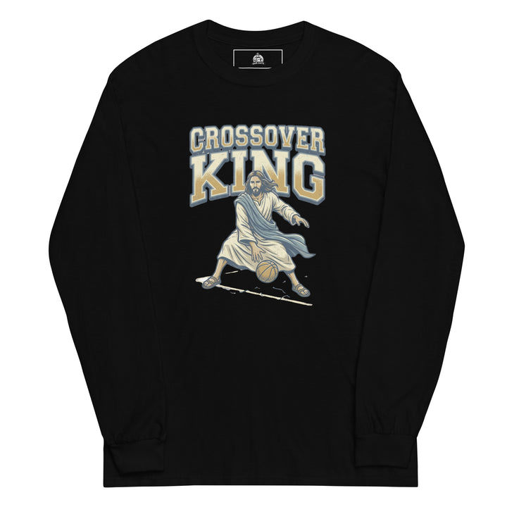 Jesus Crossover King — Jesus playing basketball as the Crossover King with a halo, printed on a long sleeve shirt.