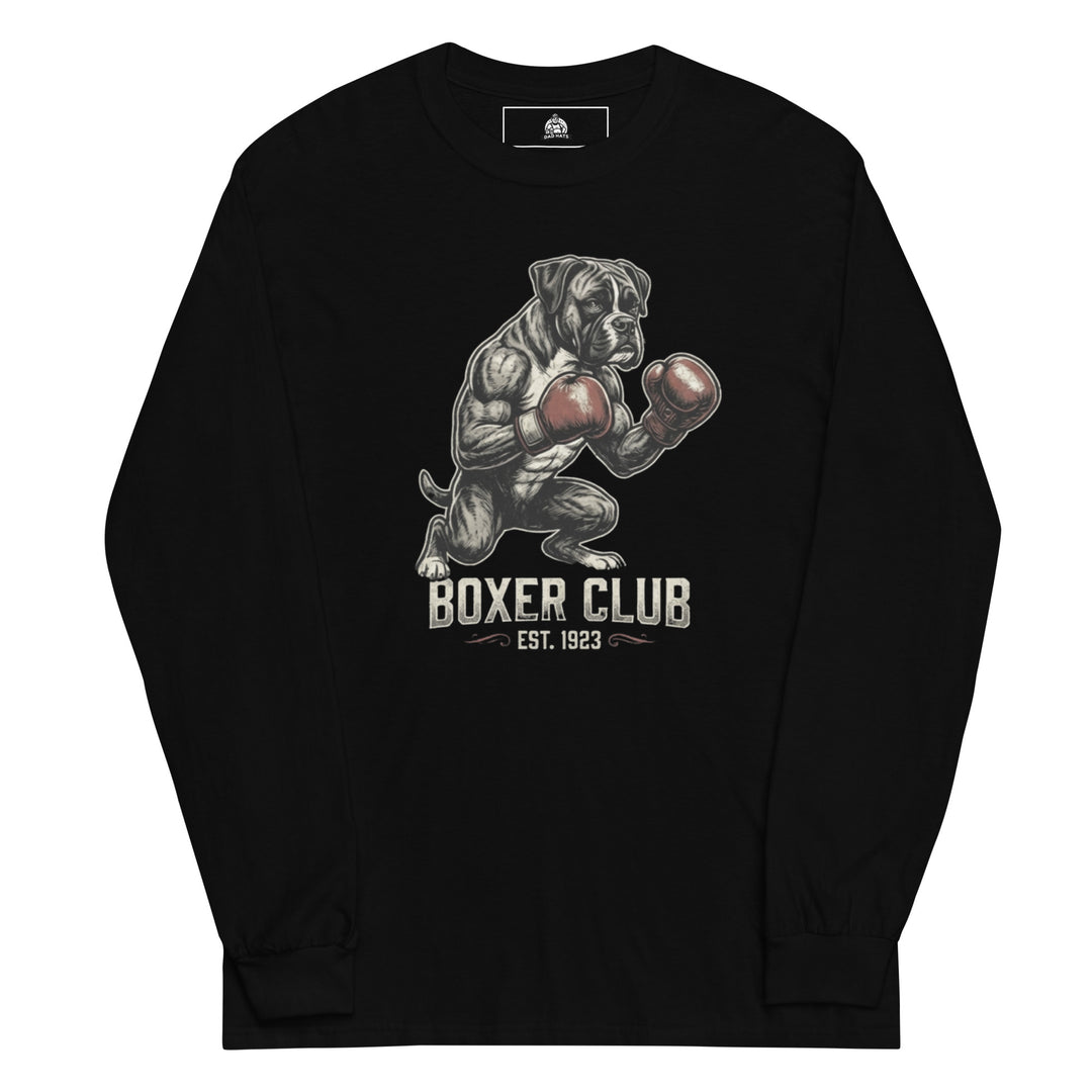 Boxer Club — a muscular boxer dog standing upright with red boxing gloves, reading Boxer Club Est 1923, printed on a long sleeve shirt.