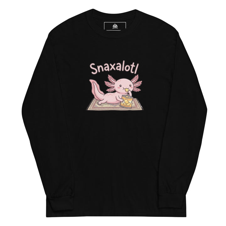 Snaxalotl — a pink axolotl eating a bag of chips on a rug, captioned Snaxalotl, printed on a long sleeve shirt.