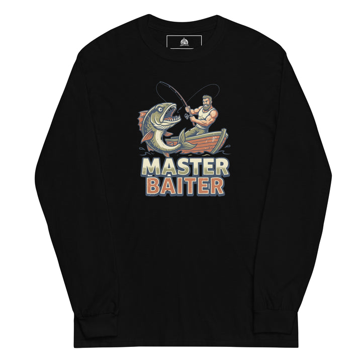 Master Baiter — a muscular fisherman in a boat reeling in a huge fish, with bold Master Baiter lettering, printed on a long sleeve shirt.