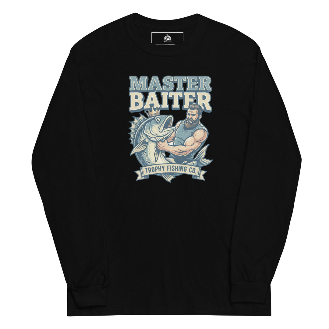 Master Baiter — a muscular bearded fisherman flexing next to a big trophy fish, with a Master Baiter Trophy Fishing Co. badge, printed on a long sleeve shirt.