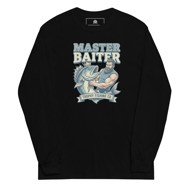 Master Baiter — a muscular bearded fisherman flexing next to a big trophy fish, with a Master Baiter Trophy Fishing Co. badge, printed on a long sleeve shirt.