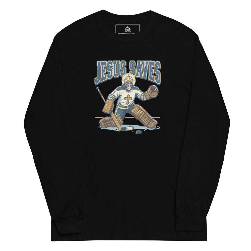 Jesus Saves — Jesus as a hockey goalie making a save, captioned Jesus Saves Est 33 AD, printed on a long sleeve shirt.
