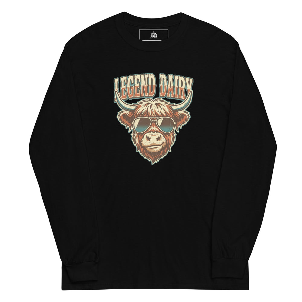 Legend Dairy — a Highland cow wearing sunglasses in a retro badge, captioned Legend Dairy, printed on a long sleeve shirt.