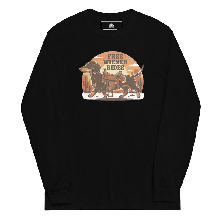 Free Wiener Rides — a dachshund wearing a western saddle in a desert sunset, captioned Free Wiener Rides, printed on a long sleeve shirt.