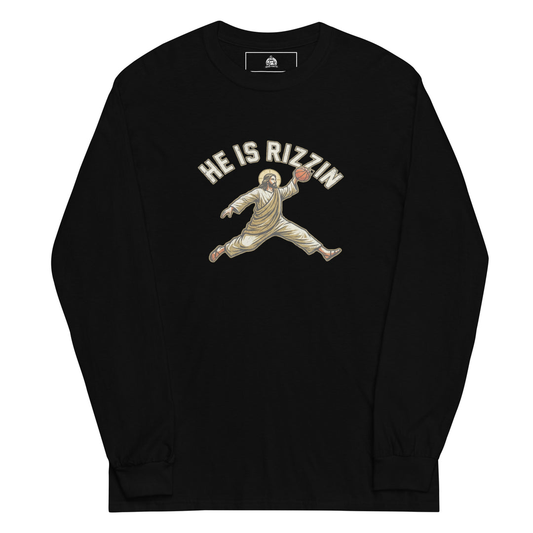 He Is Rizzin — Jesus doing a Jordan-style basketball dunk with a halo, captioned He Is Rizzin, printed on a long sleeve shirt.