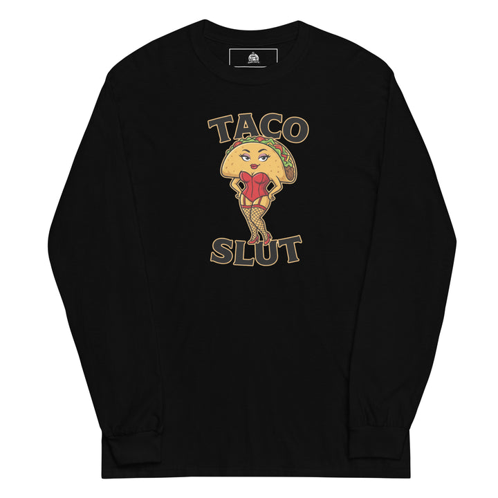 Taco Slut — a taco character with a pin-up body in a red corset and fishnets, captioned Taco Slut, printed on a long sleeve shirt.