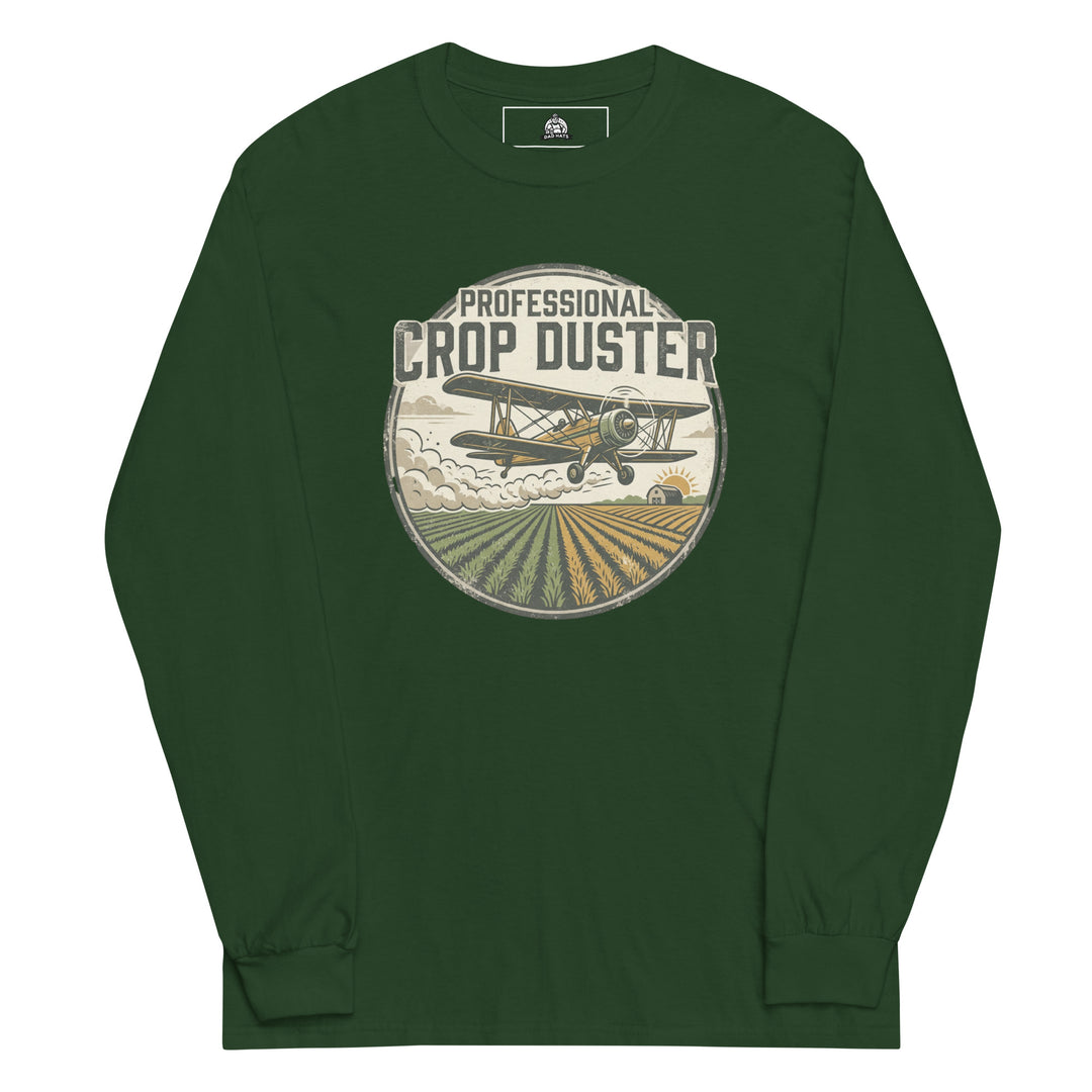 Professional Crop Duster funny graphic tee — vintage badge with biplane dusting crops over farm fields at sunrise