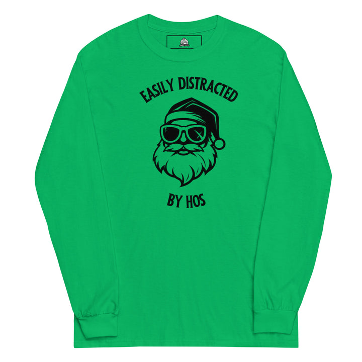 Easily Distracted By Hos — a cool Santa in sunglasses, captioned Easily Distracted By Hos, printed on a long sleeve shirt.