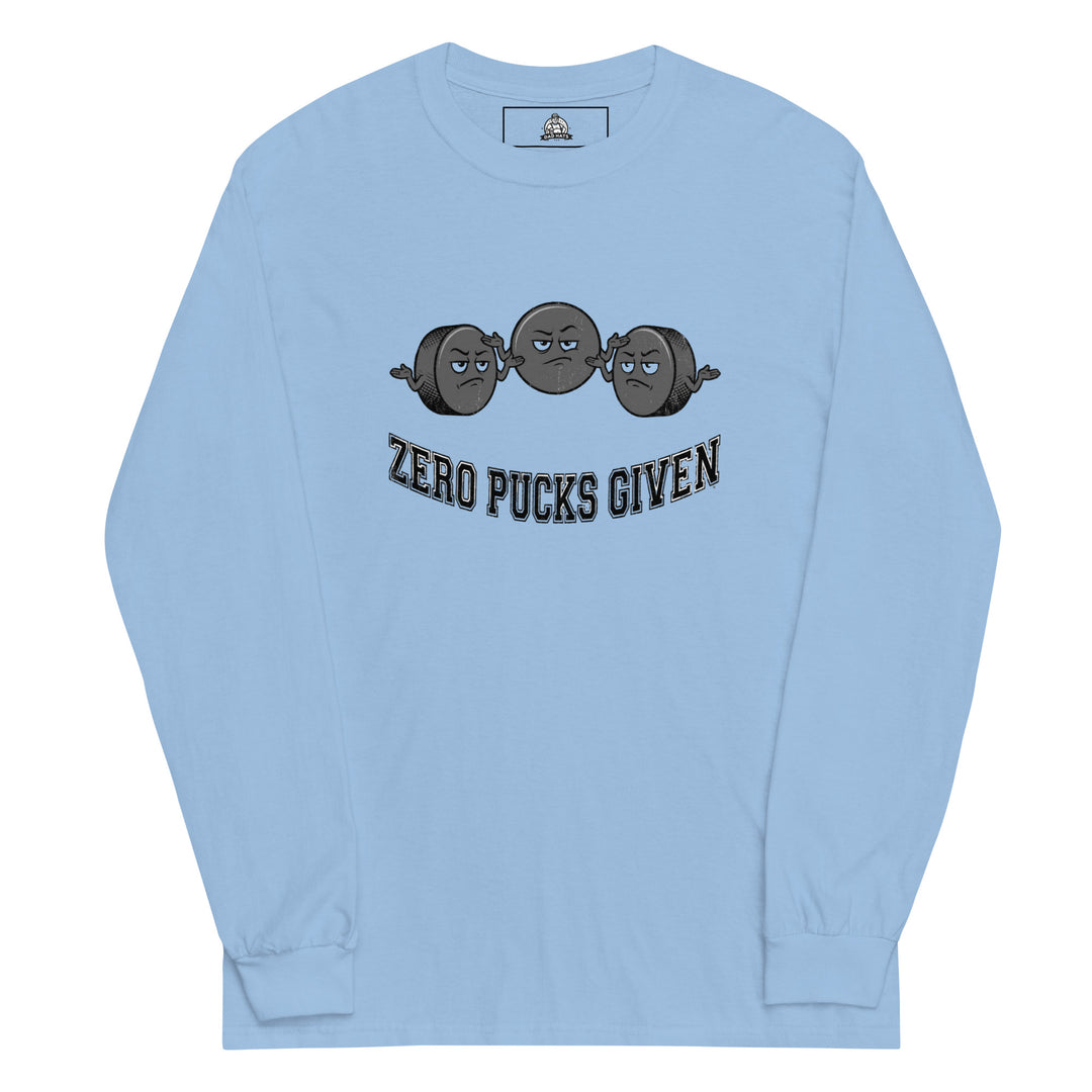 Zero Pucks Given — a Zero Pucks Given hockey design with a puck, printed on a long sleeve shirt.
