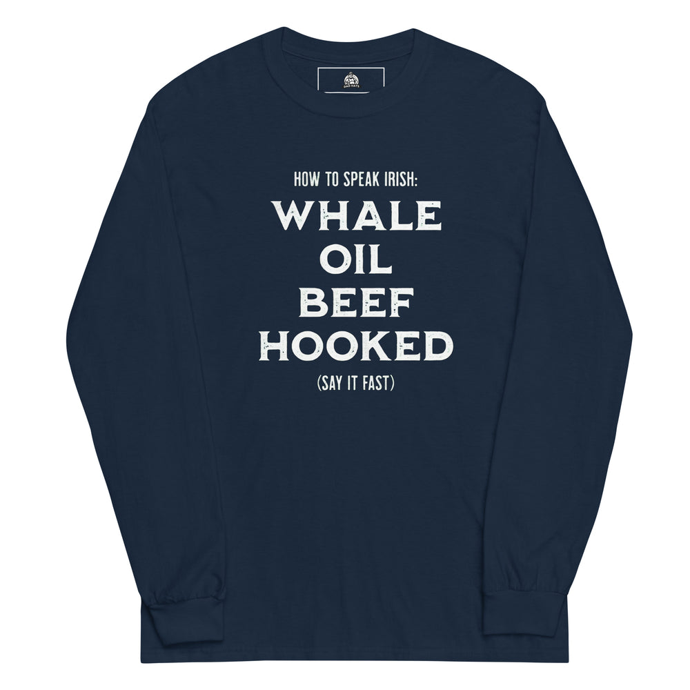 How To Speak Irish — a How To Speak Irish guide design with drinking phrases, printed on a long sleeve shirt.