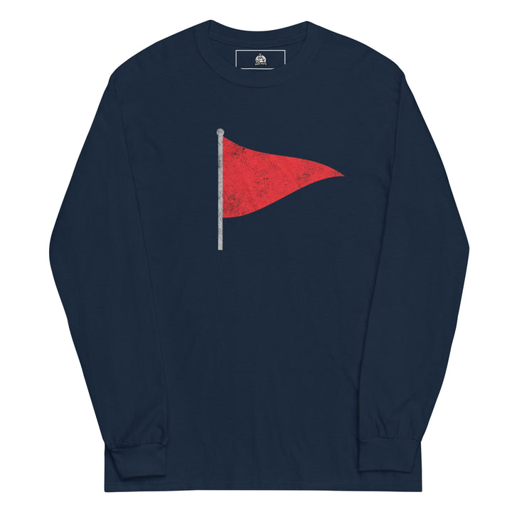 Red Flag — a single distressed red pennant flag on a pole, printed on a long sleeve shirt.