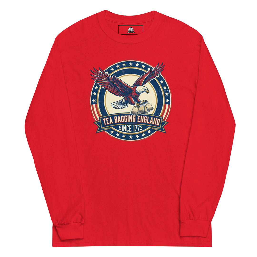 Tea Bagging England Since 1773 funny 4th of July graphic tee — bald eagle carrying tea bags inside patriotic stars and stripes ring