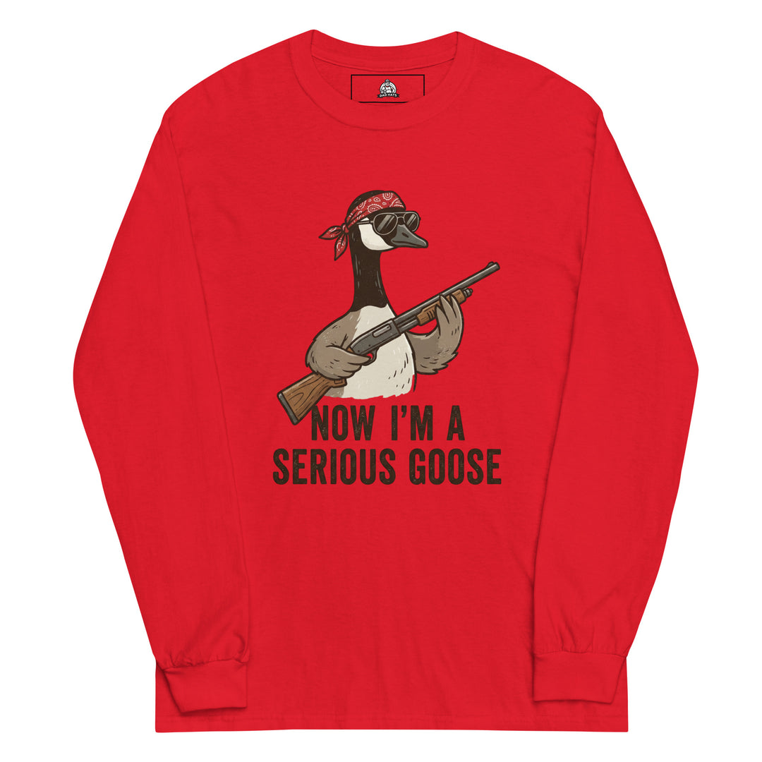 Now I'm A Serious Goose funny meme graphic tee — goose in red bandana and dark sunglasses holding a pump shotgun
