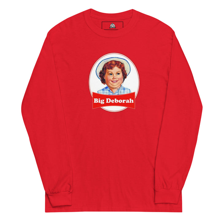 Big Deborah — a Little Debbie style snack-cake logo with a smiling girl in a straw hat, renamed Big Deborah, printed on a long sleeve shirt.