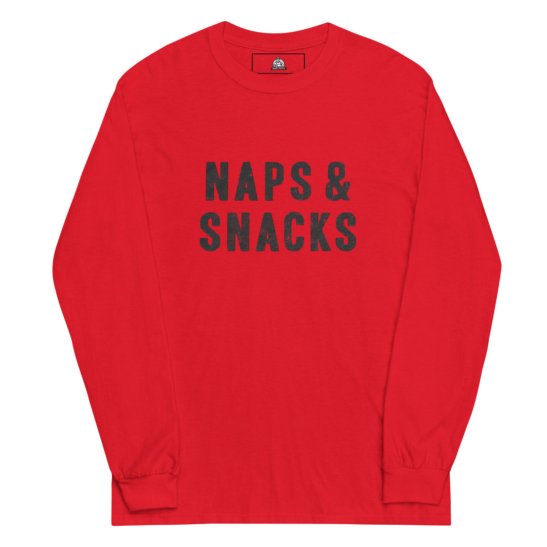 Naps & Snacks — a bold distressed design reading Naps & Snacks, printed on a long sleeve shirt.