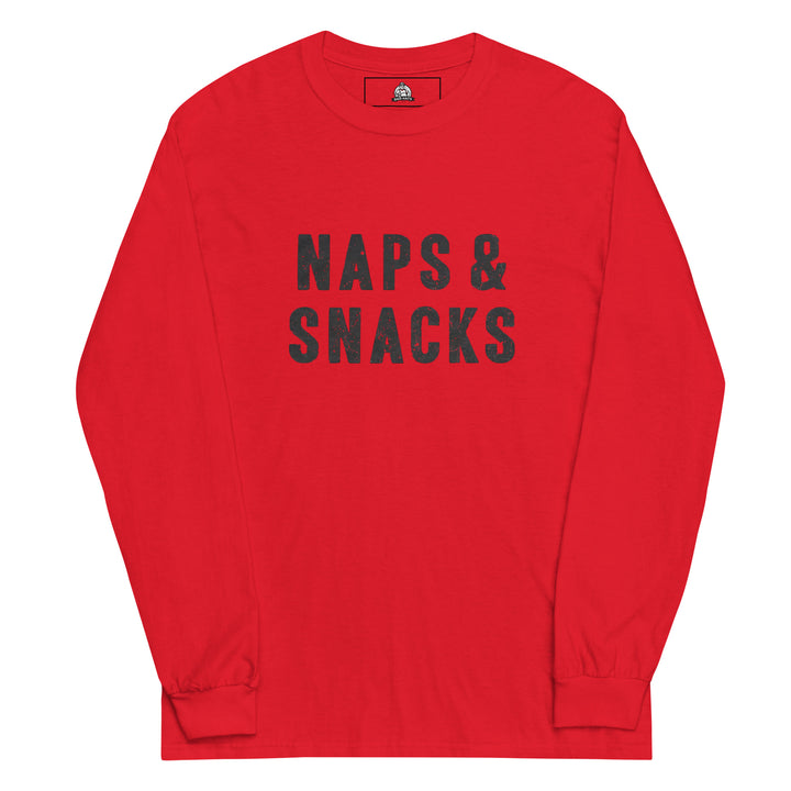 Naps & Snacks — a bold distressed design reading Naps & Snacks, printed on a long sleeve shirt.