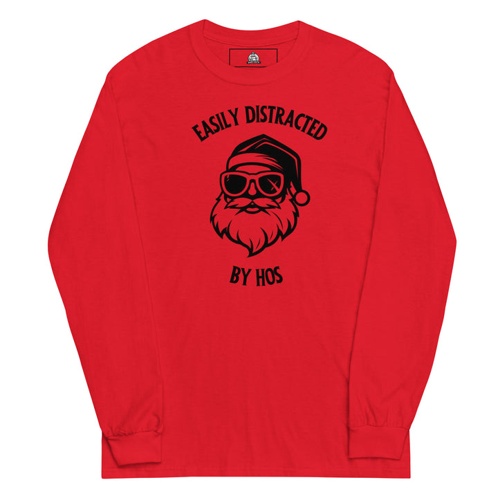 Easily Distracted By Hos — a cool Santa in sunglasses, captioned Easily Distracted By Hos, printed on a long sleeve shirt.