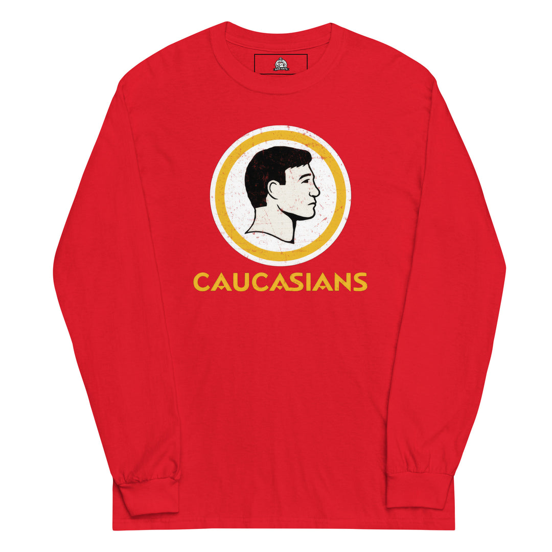 Caucasians — a parody of a vintage sports-team logo showing a slick-haired white man's profile in a circle, reading Caucasians, printed on a long sleeve shirt.