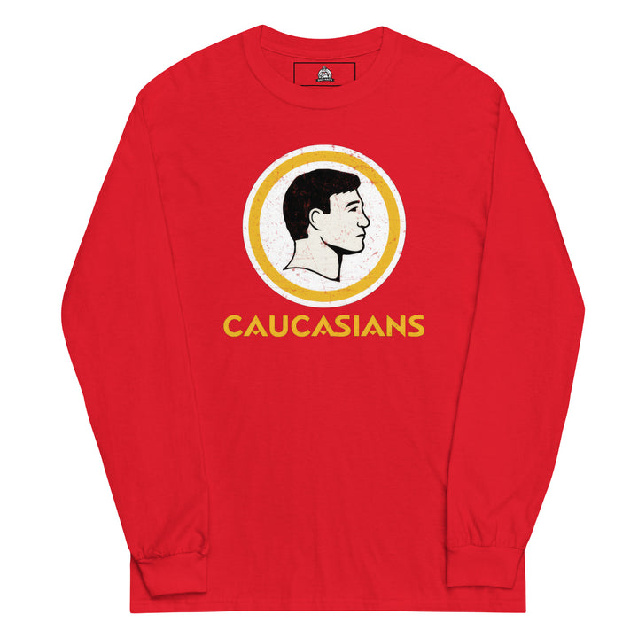Caucasians — a parody of a vintage sports-team logo showing a slick-haired white man's profile in a circle, reading Caucasians, printed on a long sleeve shirt.