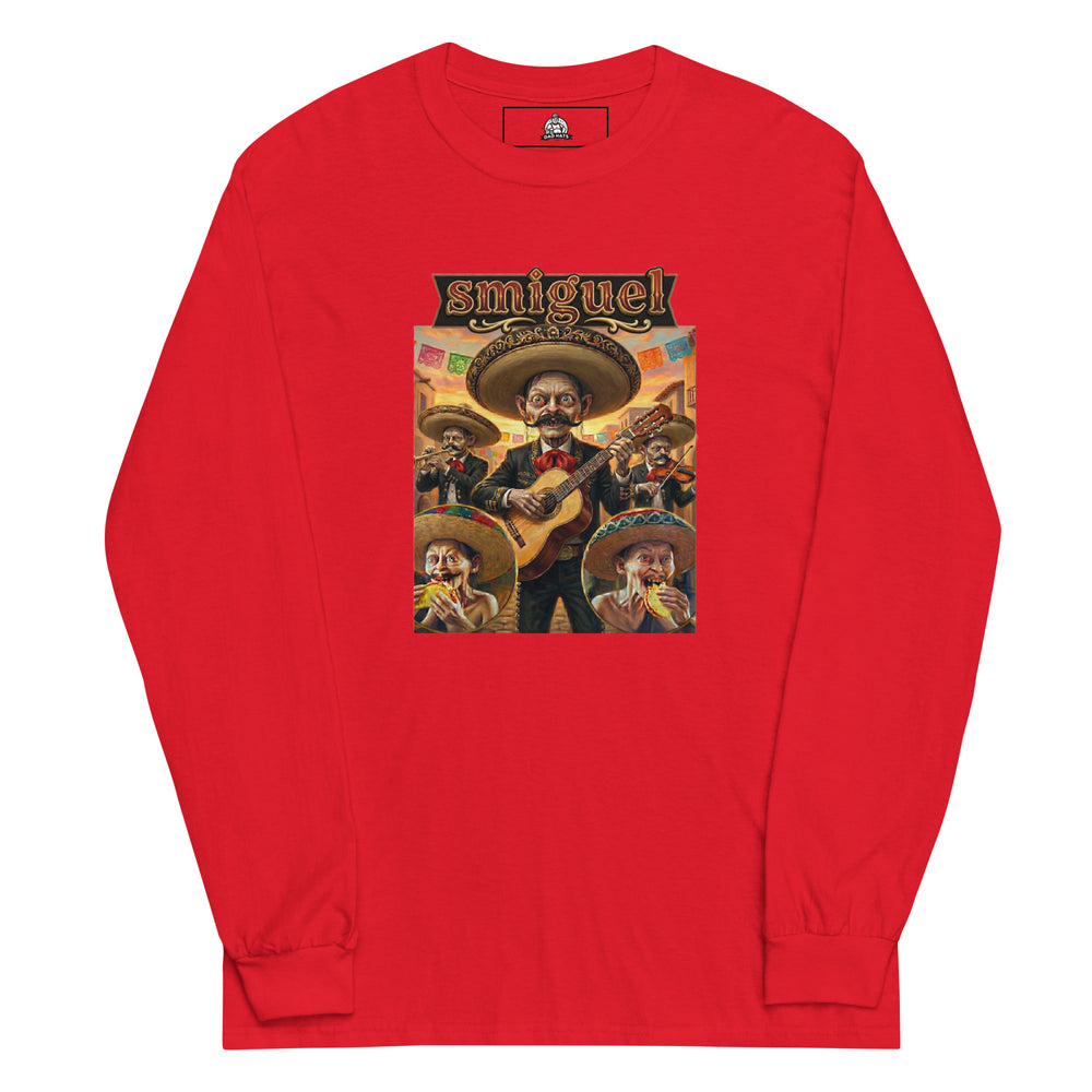 Smiguel — Gollum-like mariachi characters in sombreros eating tacos, captioned Smiguel, printed on a long sleeve shirt.