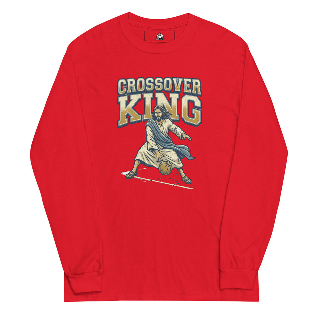 Jesus Crossover King — Jesus playing basketball as the Crossover King with a halo, printed on a long sleeve shirt.