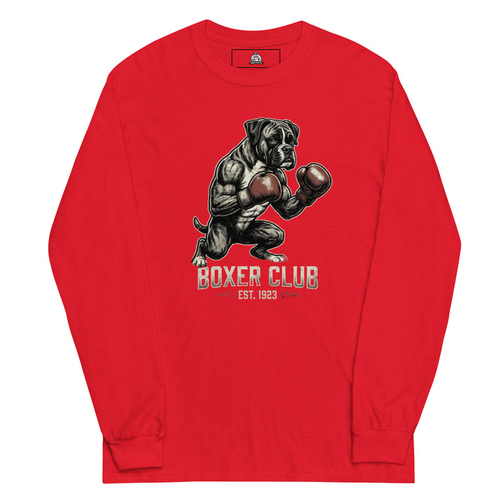 Boxer Club — a muscular boxer dog standing upright with red boxing gloves, reading Boxer Club Est 1923, printed on a long sleeve shirt.