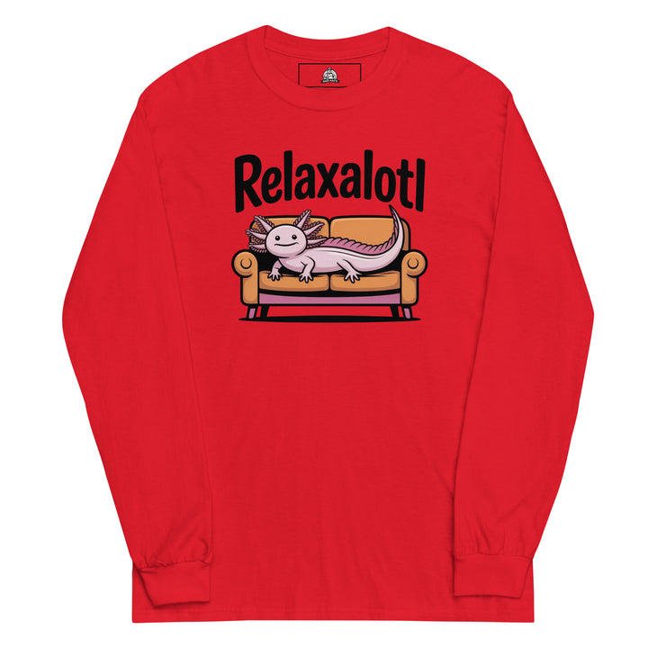 Relaxalotl — a pink axolotl lounging on a couch, captioned Relaxalotl, printed on a long sleeve shirt.