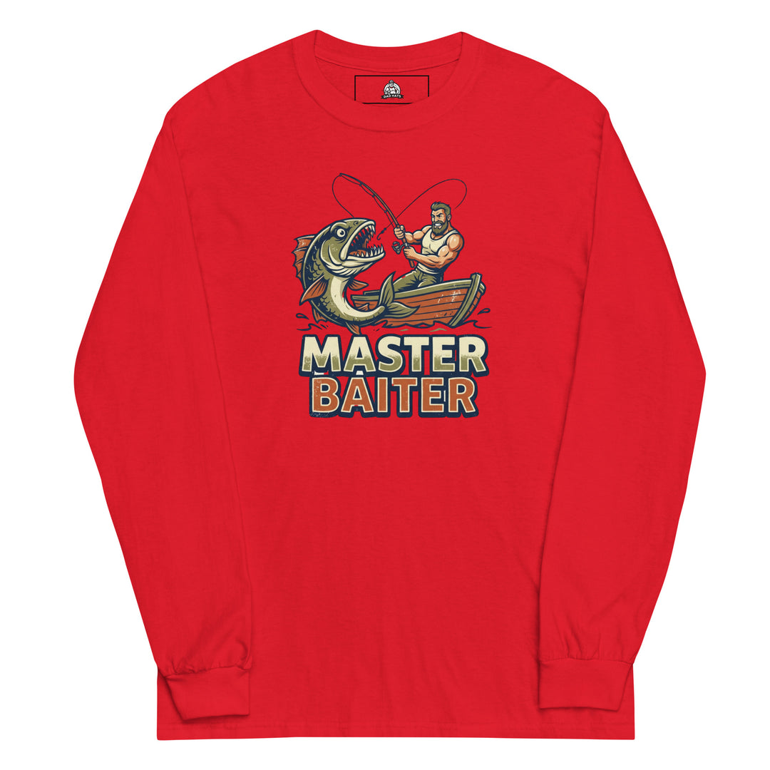 Master Baiter — a muscular fisherman in a boat reeling in a huge fish, with bold Master Baiter lettering, printed on a long sleeve shirt.